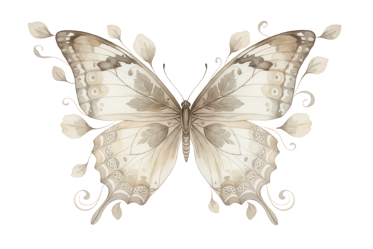 Elegant Illustration of a Butterfly with Delicate Leafy Embellishments on Wings - Powered by Adobe