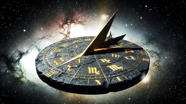 Futuristic Clock Floating in Outer Space with Cosmic Nebulae and Stars