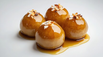 Four caramelized desserts, elegantly garnished with toasted coconut flakes, are displayed on a glossy white surface with a delicious caramel drizzle below.
