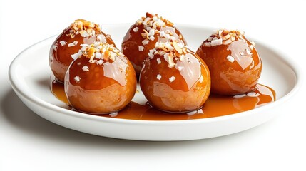 Five delicious lokma desserts drizzled with sweet syrup and sprinkled with chopped nuts are presented on a white plate against a bright, clean background.