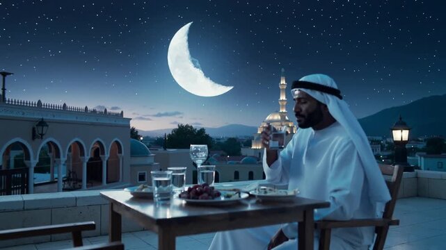 Islamic Ramadan Iftar Concept with Crescent Moon and Mosque,