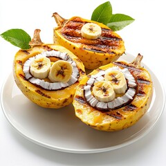 Three grilled yellow squash halves filled with shredded coconut and banana slices are attractively arranged on a white plate in a well-lit studio setting.