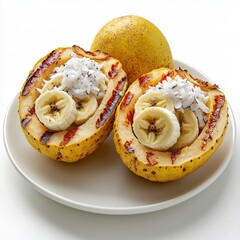Grilled pears are beautifully cut in half and stuffed with banana slices and coconut flakes, creating a delicious and healthy dessert for special occasions.