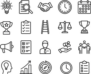 Fototapeta premium Black line icons for business and professional development including planning, teamwork, strategy, and achievement, isolated on white background