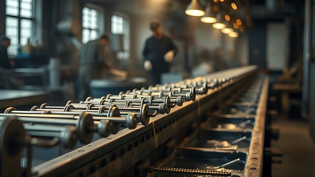 electroplating. Electroplating workshop with cathode rods moving over chemical baths. safety posters, maintenance manuals, designed for industrial assembly lines and welding operations.