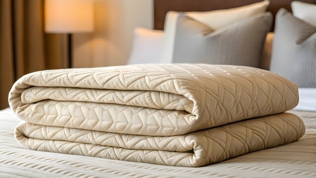 Cozy Quilt Folded At End Of Bed Revealing Textured Stitching Pattern, Showing Warm Bedroom Style, Soft Fabrics, And Comfortable Home Interior With Handmade Detail