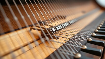 clavichord. Close-up of a clavichord's intricate string and plectrum mechanism, showcasing precise symmetry. event programs, museum guides, designed for cultural heritage projects and event programs.