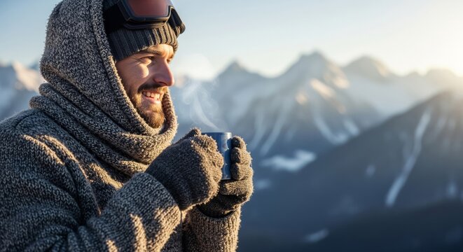 Man Enjoys Morning Coffee Snowy Mountain Vista Bright Sunlight