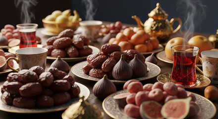 Elegant Still Life with Figs Dates and Tea on Wooden Table