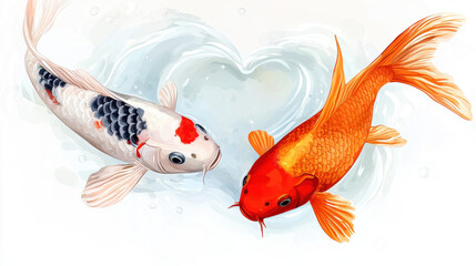 Fototapeta premium Valentine koi fish illustration with heart shape background showing love and harmony in watercolor style for romantic valentine design