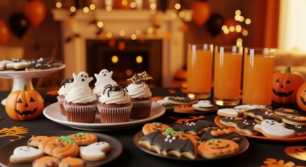 Halloween Party Treats on Table with Orange Juice in Interior