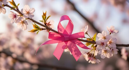 Pink Ribbon on Cherry Blossom Branch in Soft Focus Pastel Hues