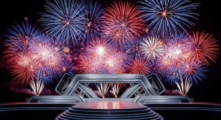 Spectacular Fireworks Display Exploding Above Futuristic Stage at