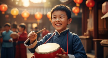 Happy Boy Playing Drum in Traditional Chinese Clothing Outdoors