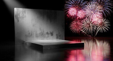 Gray Platform against Fireworks Display with Reflection on Water