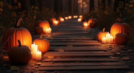 Illuminated Pumpkins and Candles Lining Wooden Path in Dark Forest