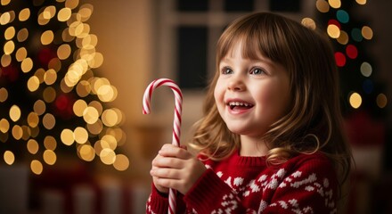 Smiling Young Girl Holding Candy Cane in Cozy Christmas Setting