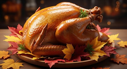Roasted Golden Brown Turkey on Autumn Leaves and Wooden Tray