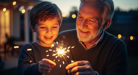 Grandfather and Grandson Holding Sparkler Together Outdoor at