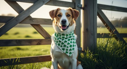 Happy Dog Wearing Clover Bandana Sits Before Wooden Gate Outdoors