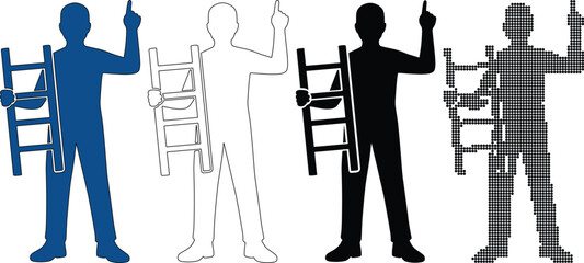 Silhouette of a man holding a ladder and pointing upwards for career growth and success concept