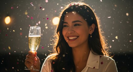 Smiling Brunette Woman Holding Champagne Glass In Celebration With