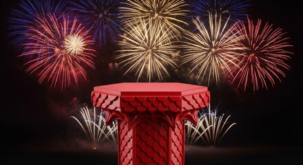 Voxel Red Pedestal Under Colorful Fireworks Display in the Night Sky