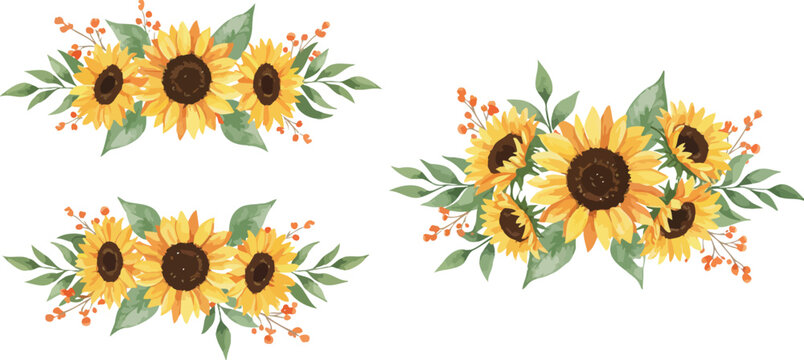 Watercolor illustrations of sunflowers with leaves and small flowers in a floral arrangement