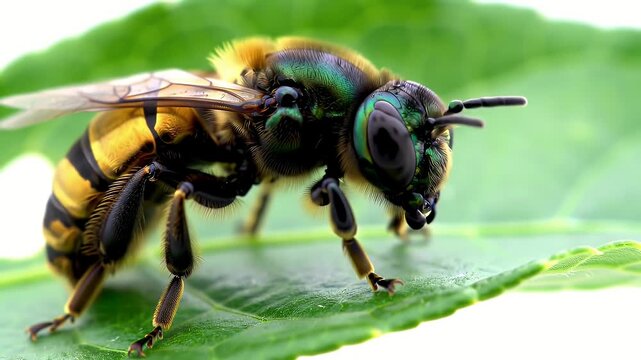 Closeup of a detailed bee resting on a green leaf highlighting vibrant colors and intricate features