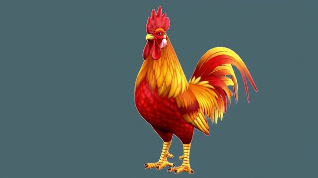 Animated Rooster Standing Confidently with Bright Colorful Feathers on White Background