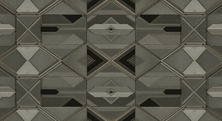 Intricate seamless background design formed by repeating angular metallic geometric shapes, creating a complex digital tapestry or technological texture, future, geometry, continuous