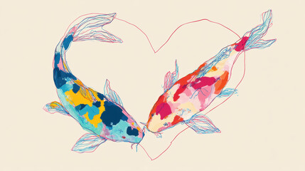 Valentine koi fish illustration with colorful watercolor style two fish forming heart shape romantic and artistic design