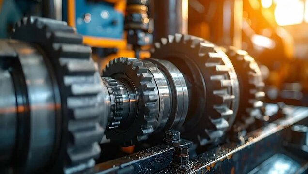 Close-up view of intricate metal gears and shafts in an industrial machine setting.