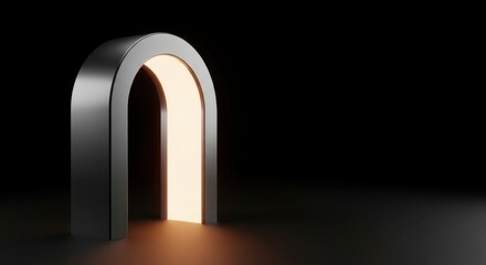 An art object in the form of a silver metal arch whose interior emits a warm golden light in the darkness.