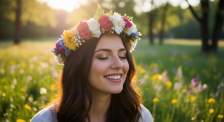 Woman with Floral Crown Smiling in Meadow with Sunlight and Flowers