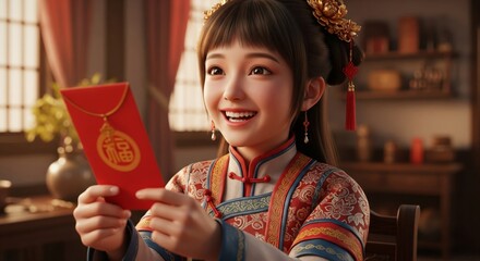 Smiling Young Woman Holding Red Envelope in Traditional Clothing