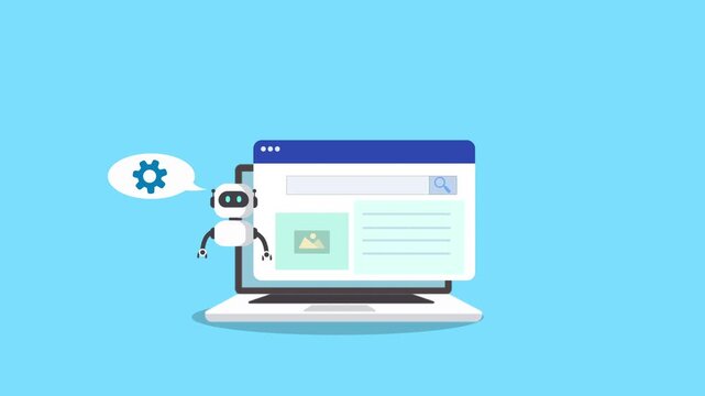 Flat illustration of a laptop displaying a browser interface with an AI assistant robot and settings icon, representing artificial intelligence support, web content management, automation, and modern 