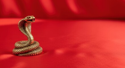 A detailed golden brass sculpture of a cobra snake in a coiled, defensive hooded pose, set against a rich, draped red silk background.