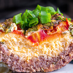 Fresh baked meat with cheese and tomatoes topped with chopped green onions