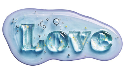 Love word 3D lettering made of blue ice or clear gel with gold glitter bubbles isolated gray background romantic Valentines Day creative typography holiday concept