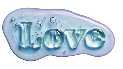 Love word 3D lettering made of blue ice or clear gel with gold glitter bubbles isolated gray background romantic Valentines Day creative typography holiday concept