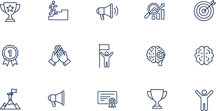 Black-and-white icons set representing achievement, success, and recognition for motivation visuals, educational content, and corporate design