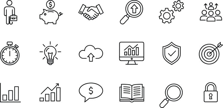 Black-and-white icons set representing business, finance, productivity, and innovation for strategy visuals, presentations, and UI design