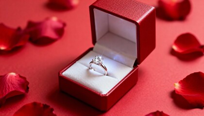Elegant diamond engagement ring displayed in a luxurious red velvet box surrounded by scattered rose petals, symbolizing love and commitment for special occasions