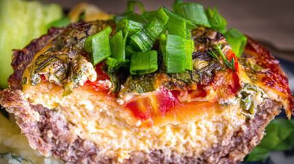 Fresh baked meat with cheese and tomatoes topped with chopped green onions
