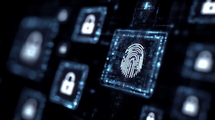 Futuristic digital illustration of security locks and a fingerprint icon over a dark background