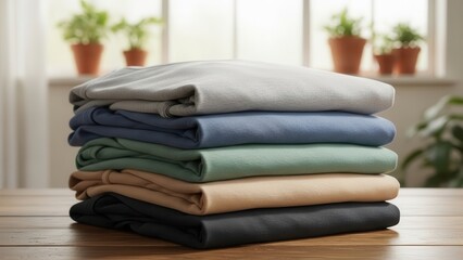Product Shot of Stacked Folded T-Shirts in Neutral Colors on Wooden Table