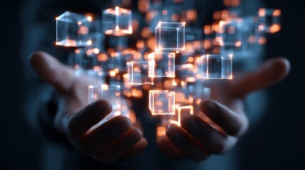 Glowing digital cubes levitate between two hands against a dark background, concept