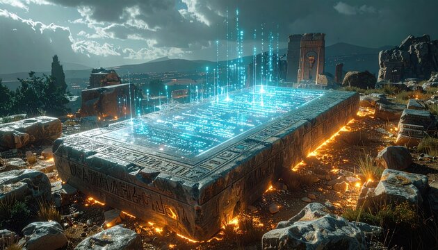 Ancient Alien Technology Altar with Glowing Blue Energy and Fiery Orbs.