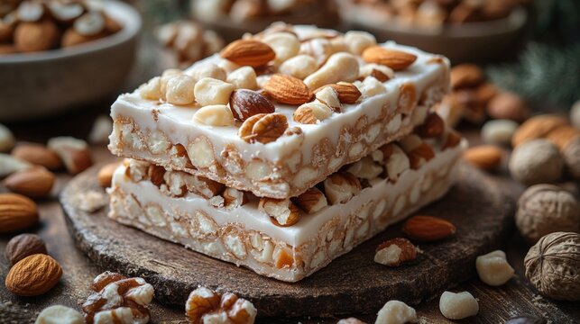 Homemade sweet delicious white nougat bars with mixed nuts